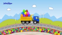 Camiones dibujos animados sobre los coches enseñan frutas huevos con una colección de dibujos animados camión sorpresa