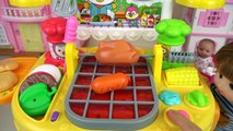 Baby doll and grill kitchen food cooking toys play