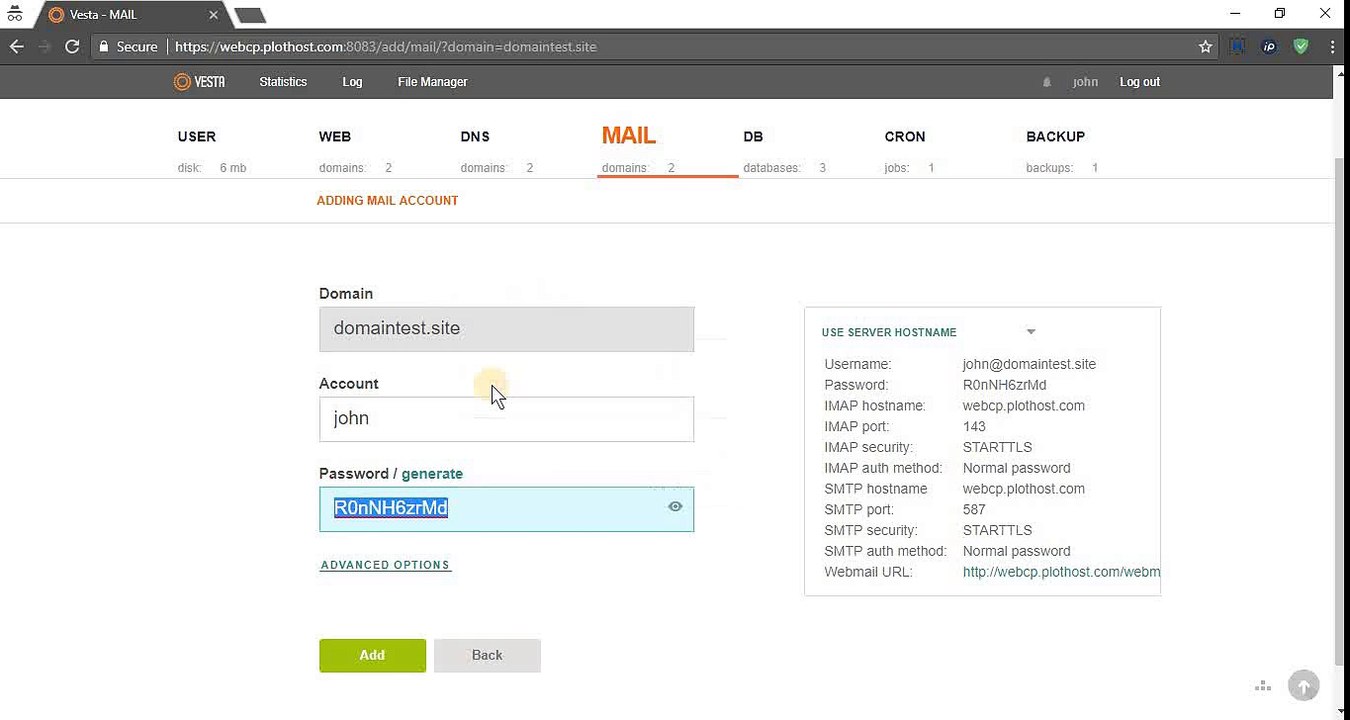 Create email accounts via the Vesta interface