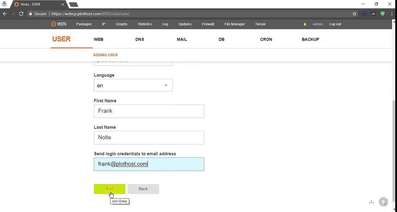 Vesta Control Panel - Create, suspend and delete users