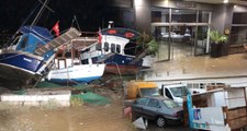 Ege'de Küçük Tsunami! Deniz Suyu 100 Metre İçeriye Girdi, Tekne ve Araçlar Sürüklendi