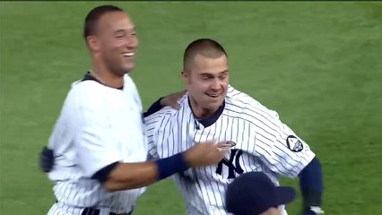 Nick Swisher gets hit in the face with pie after a walk off