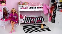 Barbie Twins Bunk Bed - Pink Bedroom Morning Routine with Wardrobe Toy
