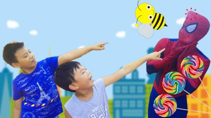 Crying Baby! Giant Bee Steals Candy Lollipop /w Spiderman, Bad Baby | Funny Superhero IRL Video