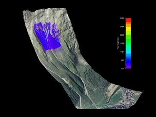 Modelling: a giant dense snow avalanche hits a dam and stops after a partial overunning.