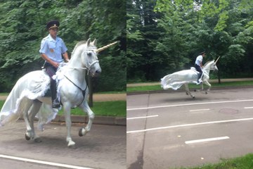 The policeman is riding a unicorn in Russia | Полицейский едет на единороге в России