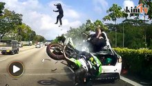 Melambung...motosikal rempuh kereta rosak di lebuhraya