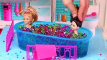 Twins Chelsea & Annabel barbie dolls morning accidents - messy room, orbeez slime bath