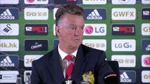 Manchester United manager Louis van Gaal walks out of press conference