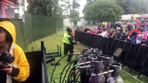 Police officers dance in front of festival-goers at Camp Bestival