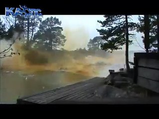 Lightning strikes on river. Spectacular show