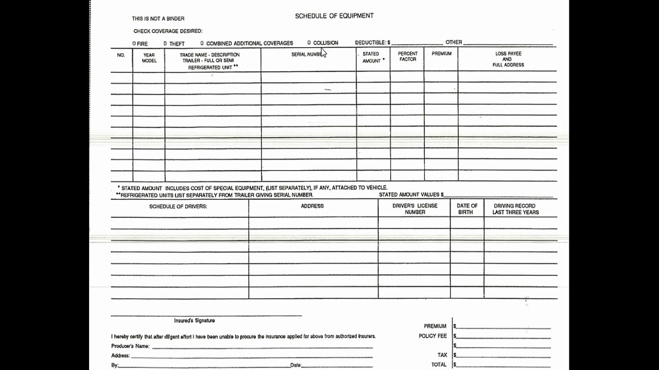 Schedule of equipment commercial insurance