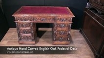 Antique Hand Carved English Oak Pedestal Desk