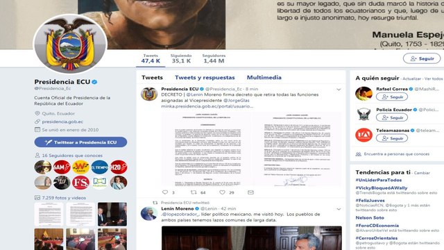 Presidente de Ecuador retira las funciones al vicepresidente de Ecuador