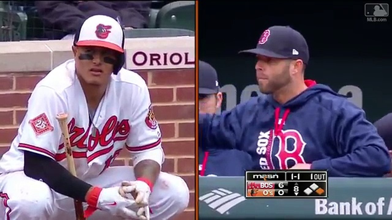 BOS@BAL: Machado thrown at twice, doubles in response