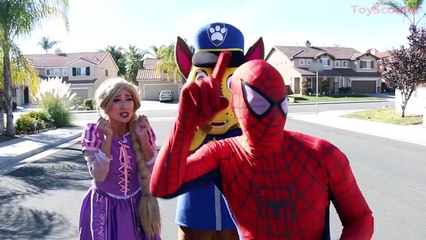 Giant Foot vs BIG FORK! w/ Paw Patrol Chase, Ariel, Princess Rapunzel & Spiderman in Real