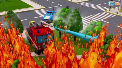 Cars & Trucks Cartoons - The Red Fire Truck with Colored Police Car | Emergency Cars Cartoon for kid