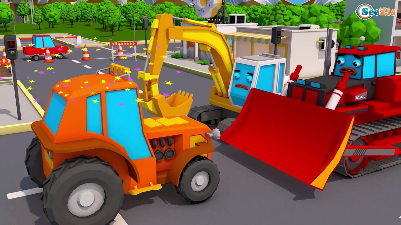 Kids Animation Red Tractor Crash on the Road - 3D Cartoon For Children Cars & Truck Stories