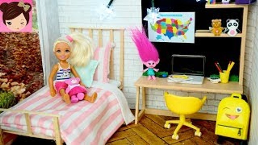 Barbie Sister Chelsea DIY Bedroom Morning Routine Doll Bed Desk School Supplies