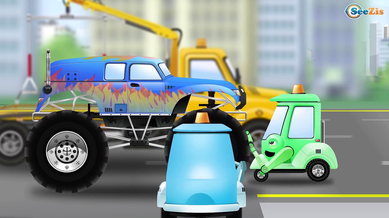 New Cartoon Tow Truck w Ambulance and Monster Truck in the City Kids Video Emergency Car