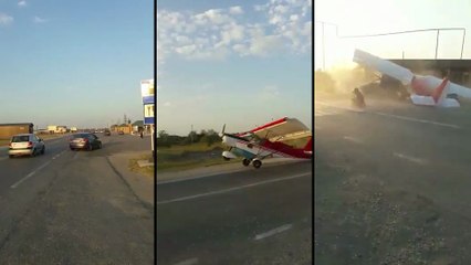 Un homme essaye de décoller d'une route avec un avion..