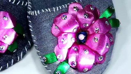 How to make slippers at home   Old waste jeans denim   ribbon flower   best out of waste   Artkala