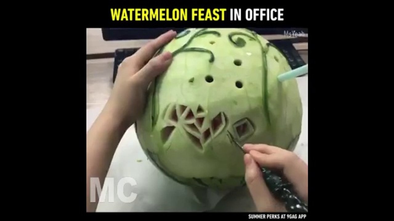 Funny , Watermelon feast in Office