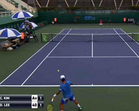 Korea's Kim Cheong-Eui hits righty serves on deuce side, lefty serves on ad side. Both forehands, too