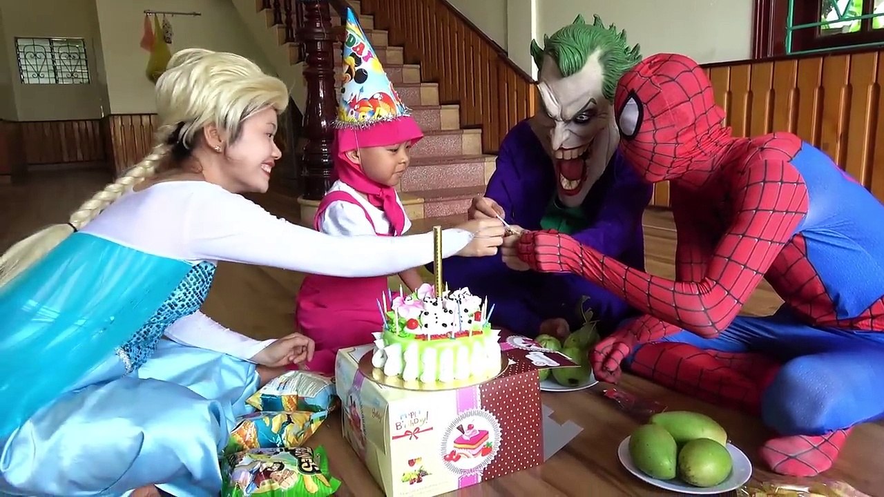 Masha scares of Elsas trumpet from the TV w/ Spiderman, Joker | Funny Masha Video
