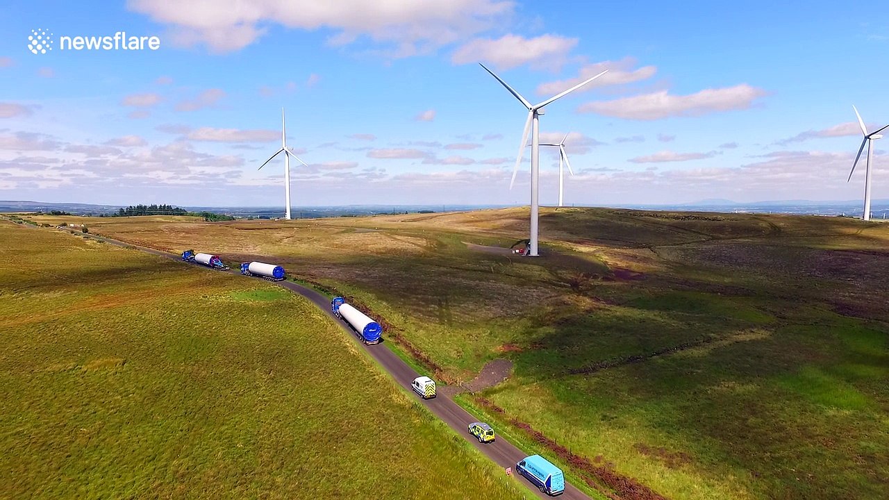 Drone footage shows how wind turbines are transported
