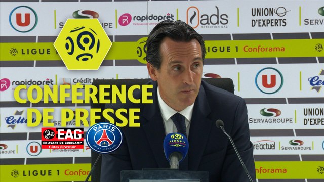 Conférence de presse EA Guingamp - Paris Saint-Germain (0-3) : Antoine KOMBOUARE (EAG) - Unai EMERY (PARIS) - 2017/2018