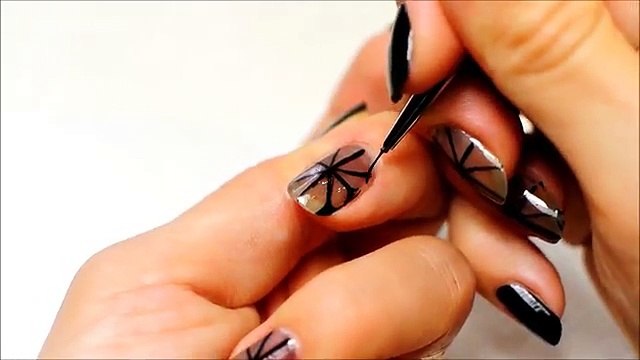 Nail Art. Black Nail Design. Black Flowers.