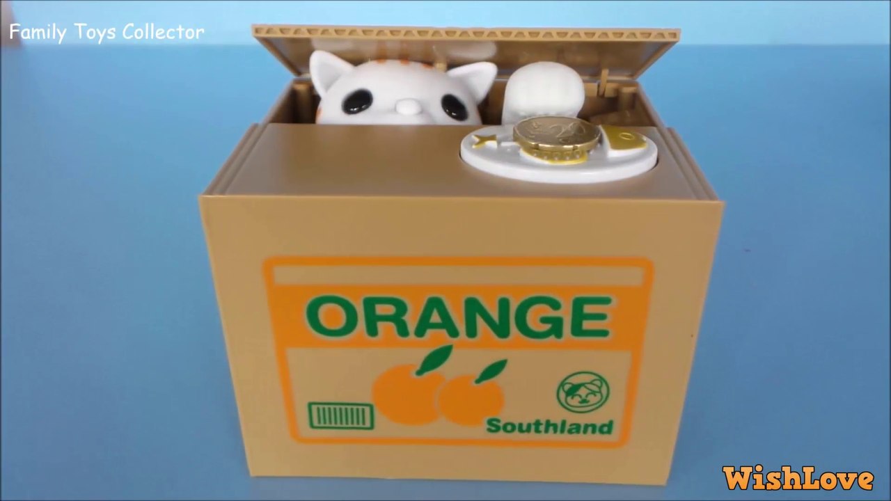 Funny Kids saving box Cat stealing coin piggy bank