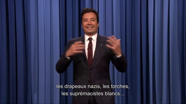 Ému, les larmes aux yeux, le présentateur Jimmy Fallon réagit aux événements de Charlottesville et aux propos de Trump -
