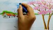How to draw landscape _ scenery of spring season with oil pastels color step by step
