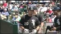 2008 White Sox Carlos Quentin lines a bases loaded single, knocks in Uribe, Cabrera vs As