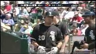 2008 White Sox Carlos Quentin lines a bases loaded single, knocks in Uribe, Cabrera vs As