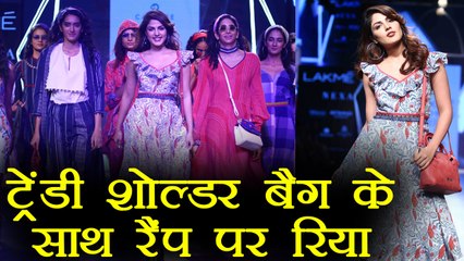Rhea Chakraborty makes trendy combination of Printed Dress and Shoulder bag at LFW | Boldsky