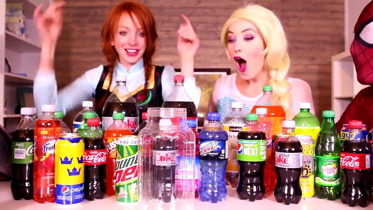 Spiderman & Frozen Elsa SODA POP PARTY! Candy Chocolate! Anna & Joker Superhero Fun in Real Life!-BzssEVOS6E0