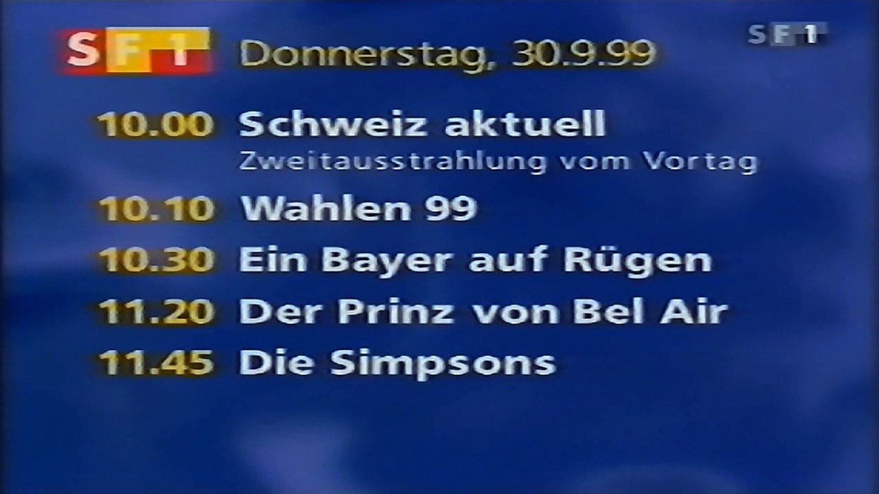 Nickelodeon auf SF2 - Programmtafel von 30.September 1999