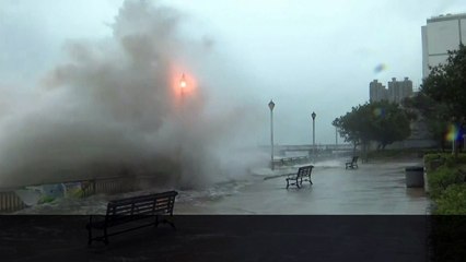 Typhoon Hato: TV reporter knocked off his feet by huge wave