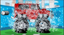 Camión monstruo debajo de dibujos animados sobre reparación de un Jeep SUV reparaciones fregadero de sintonía