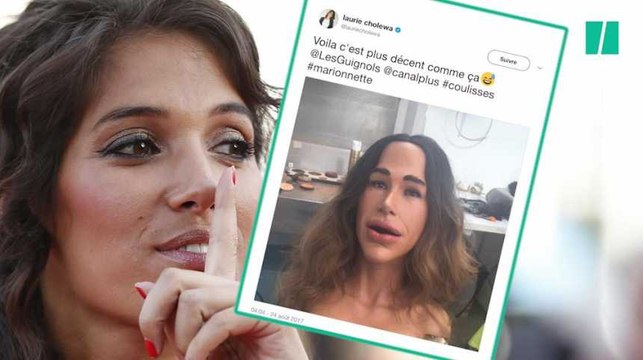 Laurie Cholewa découvre sa marionnette des Guignols... nue