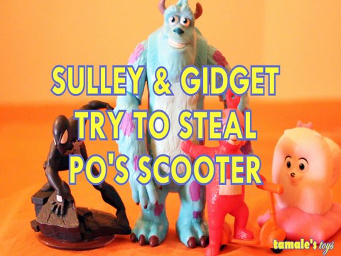 SULLEY & GIDGET TRY TO STEAL PO'S SCOOTER SPIDERMAN MONSTER UNIVERSITY TELETUBBIES MARVEL , DISNEY , PIXAR , THE SECRET