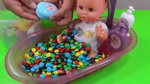 Baby Doll Bath Time In Skittles Candy Chocolate Pretend Play Toys and Open 3 Kinder Surpri