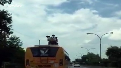 Indian school children risk lives by riding on bus roof