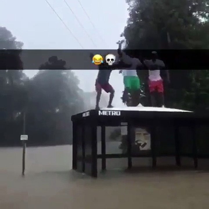 Trois jeunes s’amusent à sauter sur un abribus pendant les inondations aux Etats-Unis
