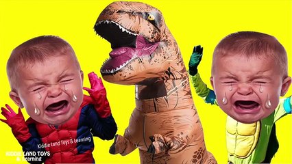 Crying Baby Superheroes in Real Life! Giant Dinosaur Attack! Spiderman and Ninja Turtle