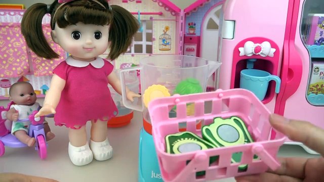 Baby doll and Fruit juice maker and refrigerator toys play