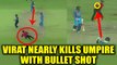 India vs Sri Lanka T20I : Virat Kohli nearly misses umpire with a powerful shot | Oneindia News